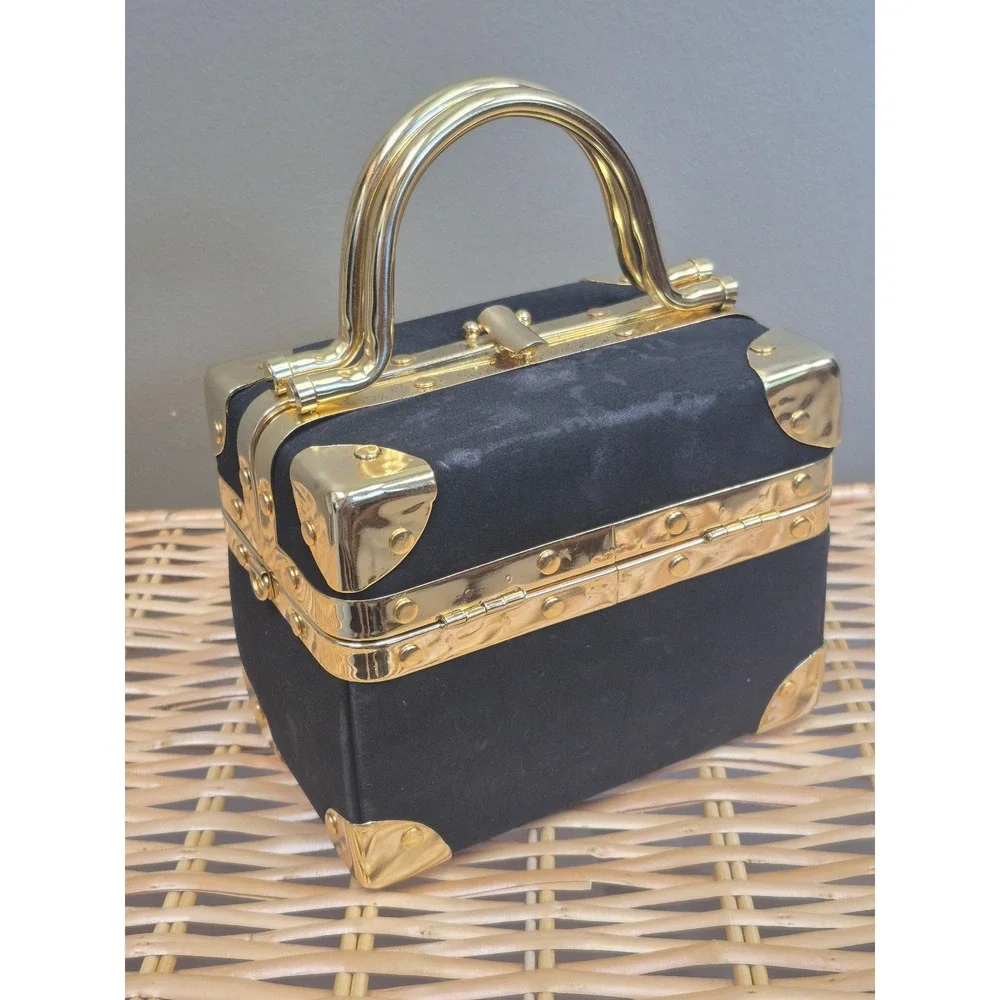 La Regale Vintage Black Velvet Trunk Box Bag Gold Hardware Evening Purse Handbag